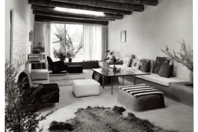 Black and white photograph of Georgia O'Keeffe's Mid Century Modern Adobe Living Room.