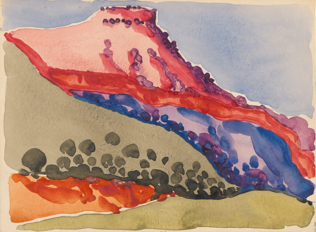Red Mesa, Red, blue and green watercolors; Red Mesa and surrounding areas of green. Cream with blue sky background.