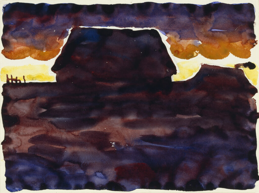 The silhouettes of two houses are visible in an early morning landscape. The first house, located in the center of the work, is larger than the second house, which is situated on the right side of the piece. The horizon line distinguishes the dark earth from the sky and lies approximately one-third of the distance from the top edge of the paper. The sky is brightly colored near the horizon; however, it darkens as it ascends into the clouds.