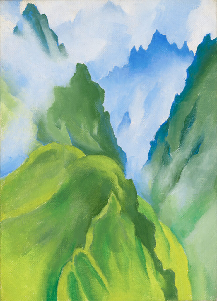 Steep, jagged mountains fill this landscape. The mountain in the foreground has been painted in shades of yellow and green. The peaks in the middleground are green, while those in the background are blue. Light, mistlike clouds drift between the peaks.