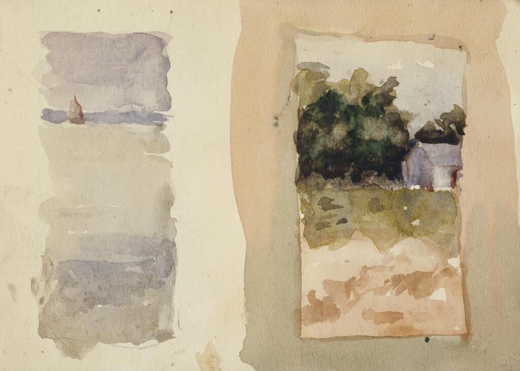 Paper divided into two sections. Left side has brown brush strokes from the bottom up until a blue stroke which, then purple strokes to the top. A brown triangle appears in the blue stroke. On the right is a brown frame with brown foreground. Blotches of green create the horizon line, and appear to be trees. Around the trees are blue strokes resembling a building.