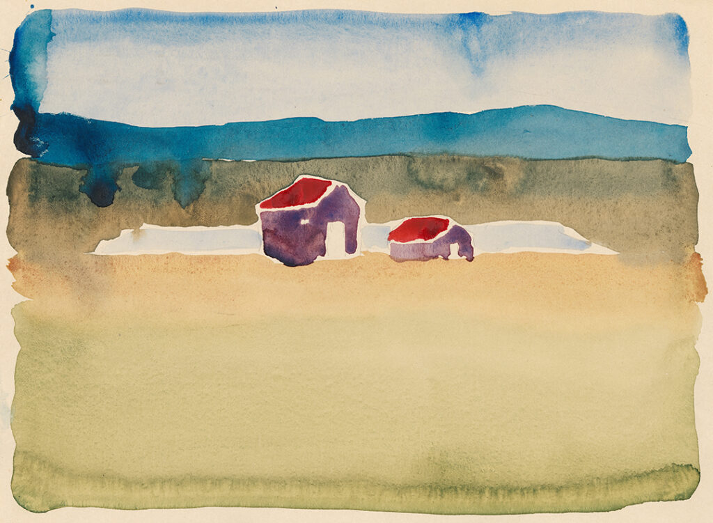 Watercolor sketch of houses and landscape. There are two houses, the one that is slightly larger is located closer to the left side of the paper, the smaller house is closer to the right side of the paper. The walls of the houses are purple and the roofs are red. The houses are situated slightly above the center of the paper and the front of the paper is dominated by an expanse of light green which fades to yellow as it gets nearer to the houses. In the background, behind the houses, there are dark blue mountains. There is a strip of sky which is white, tinged with blue around the edges of the paper.