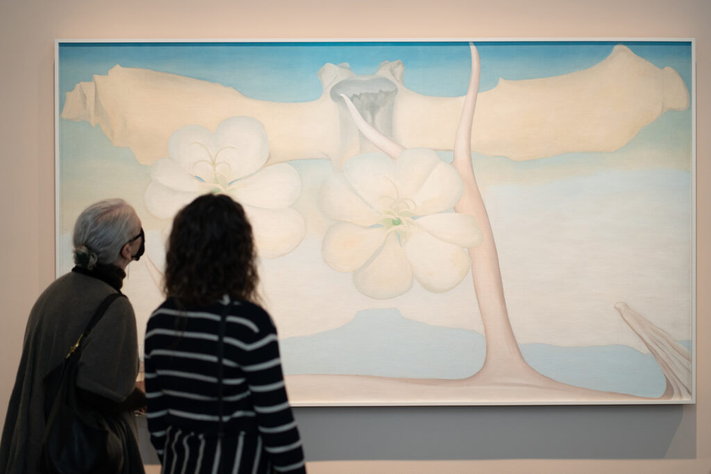 Two people looking up at a large painting