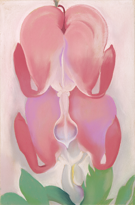 Vertical pastel with two pink flowers one atop the other rising upwards, with green leaves at bottom of work.