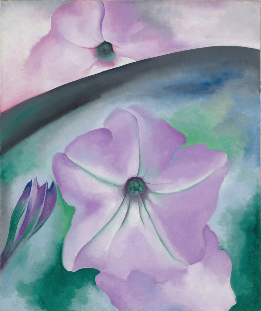 Large lavender-purple flower in center foreground with dark arc above. Purple flower buds lower left. The diagonal arc is concealing the lower part of a second purple flower in upper half of painting.