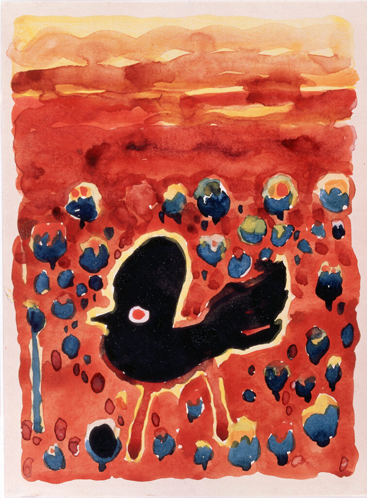Red fading into orange watercolor background with a black chicken in the bottom half. The chicken has red eyes a large head and tail and is surrounded by small dark blue and red circles resembling flowers.