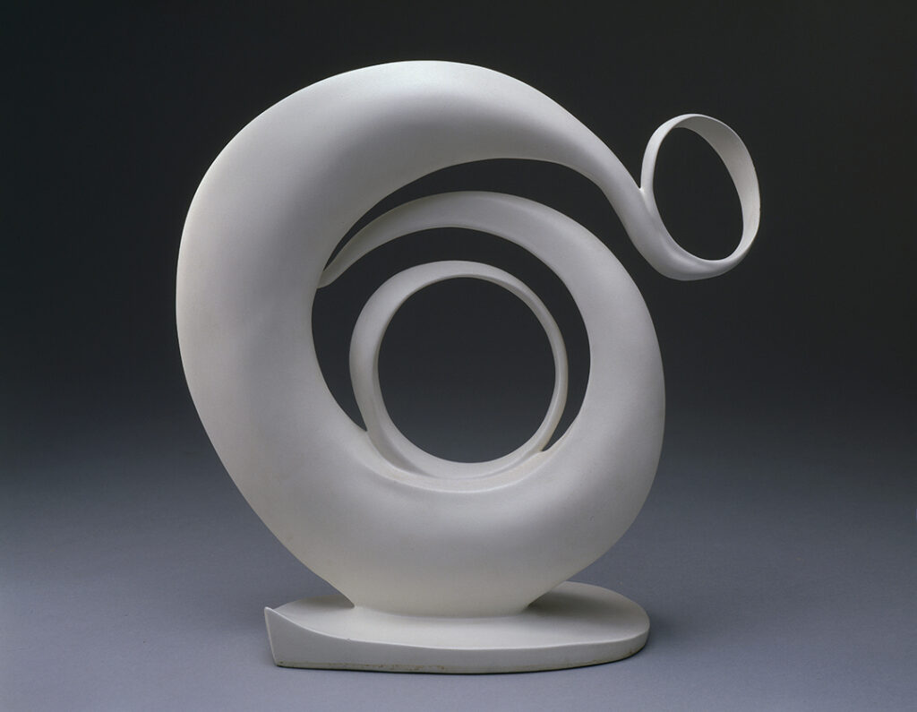 Abstract of white lacquered bronze, 1/10 (edition of 10). Cast 1979/1980 in three different editions. White spiraling circular sculpture, full rounded form that fluidly swirls from a center circle out, ending at the top with another small circular form.