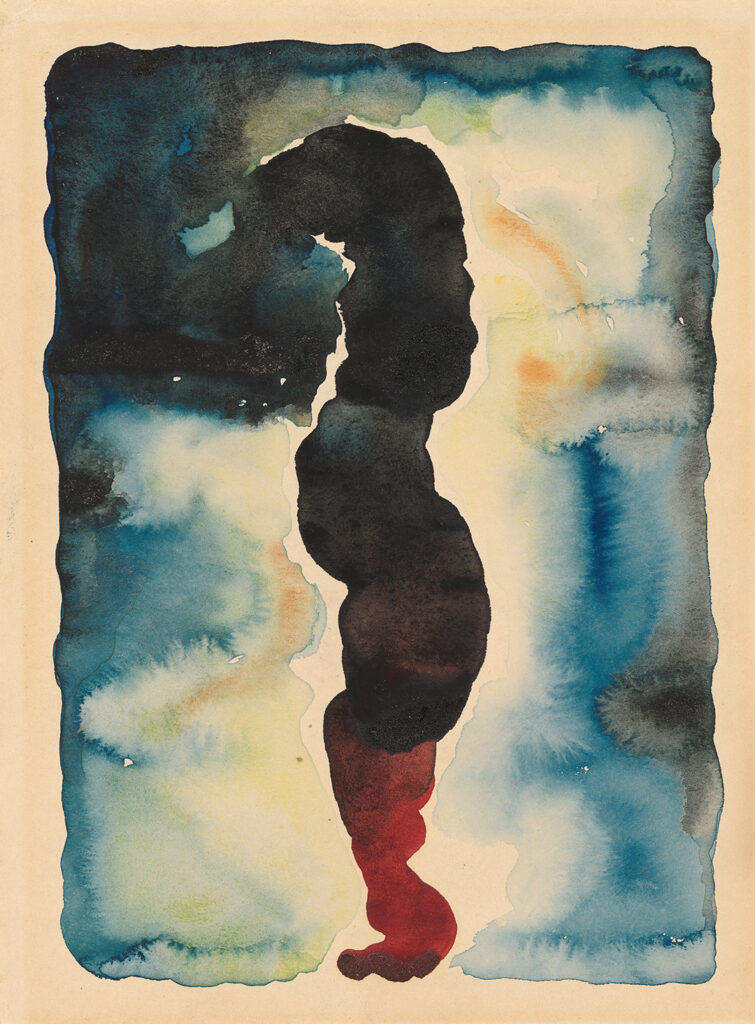 Vertical watercolor with a dominant blackish snake shape that traverses down the page forming from a dark cloudy area in the upper left corner and flowing downward to the bottom of the page ending in red. This is placed within an area of bleeding blue, yellow, and transparent ground that fills to the edges of the page.