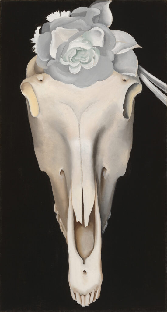 Vertical painting of frontal view of horse's skull with a white rose centered on the forehead. The skull fills most of the canvas, floating in a pure black background.