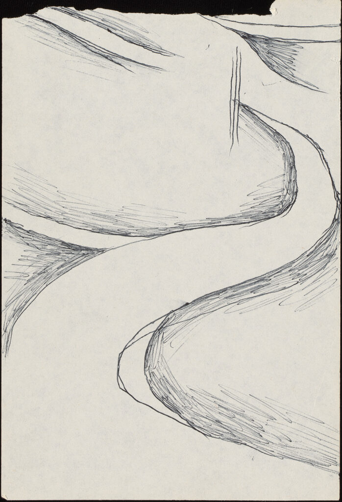 Abstraction. Sketch of a winding road with shadows, forks out into the left.
