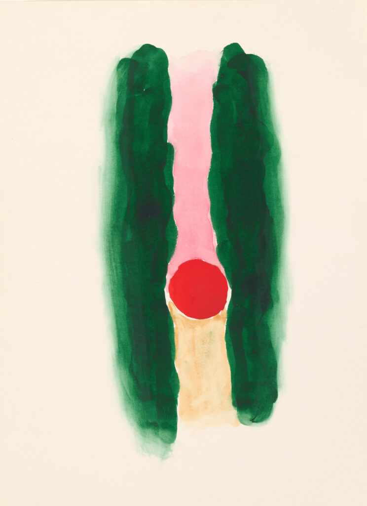 wo dark green patches of paint run vertically down the paper. A red circle is located in between the two patches. The area above the red circle is painted in a soft pink hue, while the area below the circle is yellowish in color.