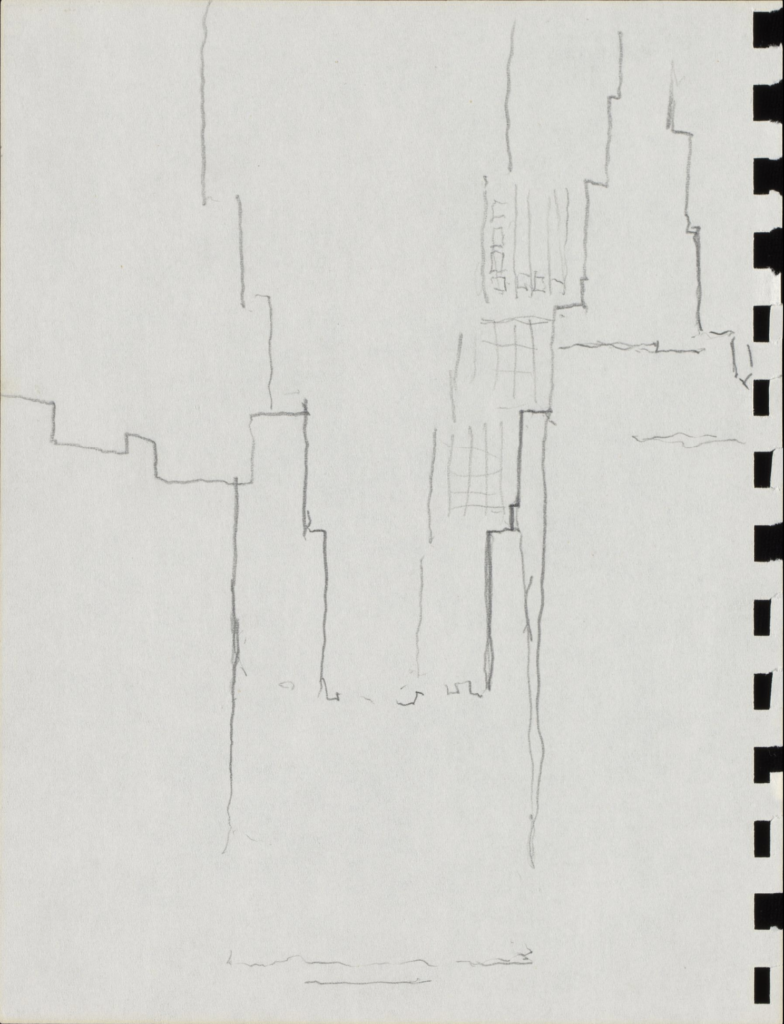 Vertical graphite sketch of building outlines with one large building in the center and another stepped underneath with smaller buildings surrounding it.