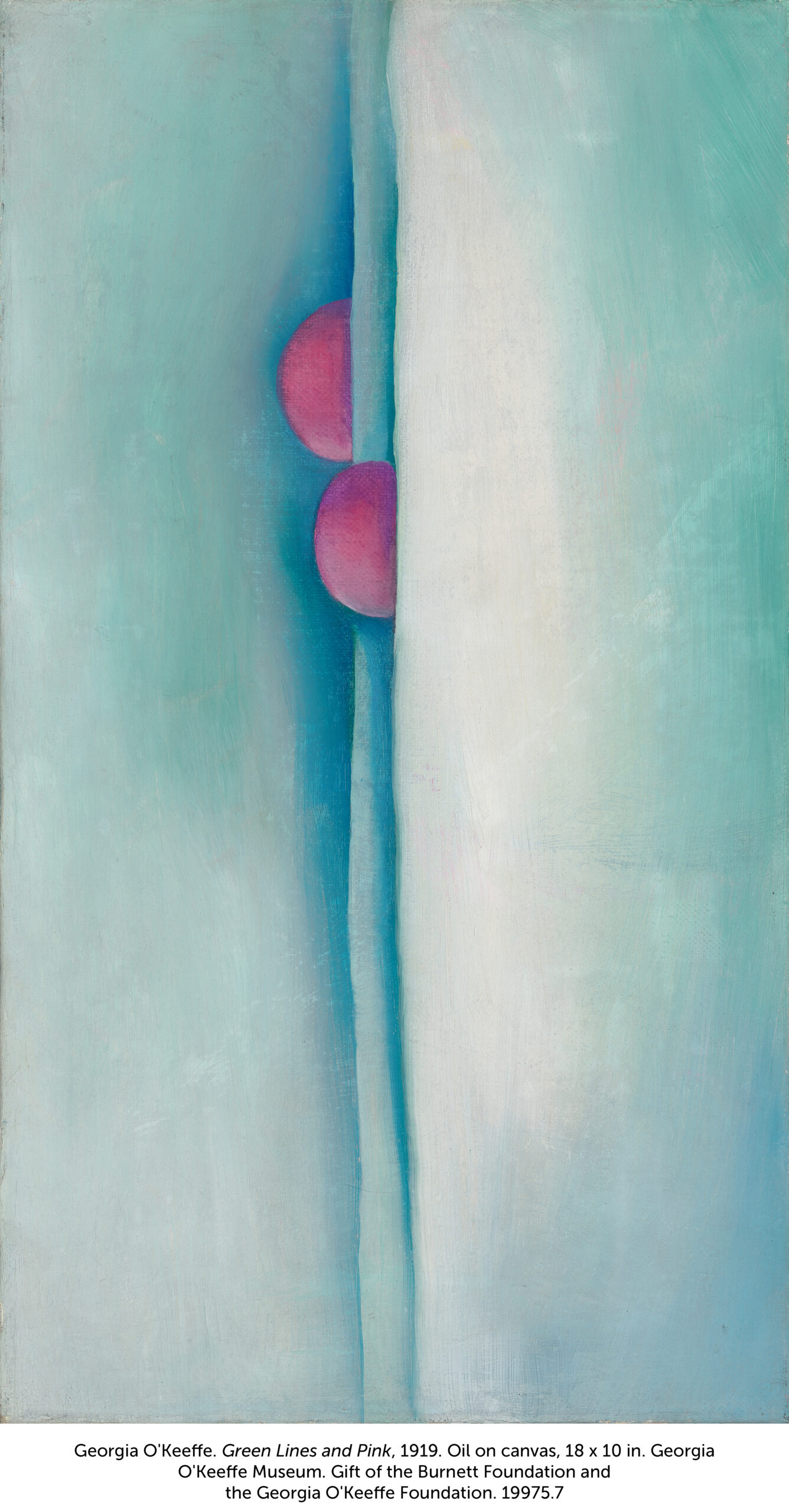 Vertical oil painting with two distinct bluish lines that run down the center of the canvas. Peeping out of these lines are two small half spheres in pink, as if emerging from behind curtains, located in the upper center of the painting.