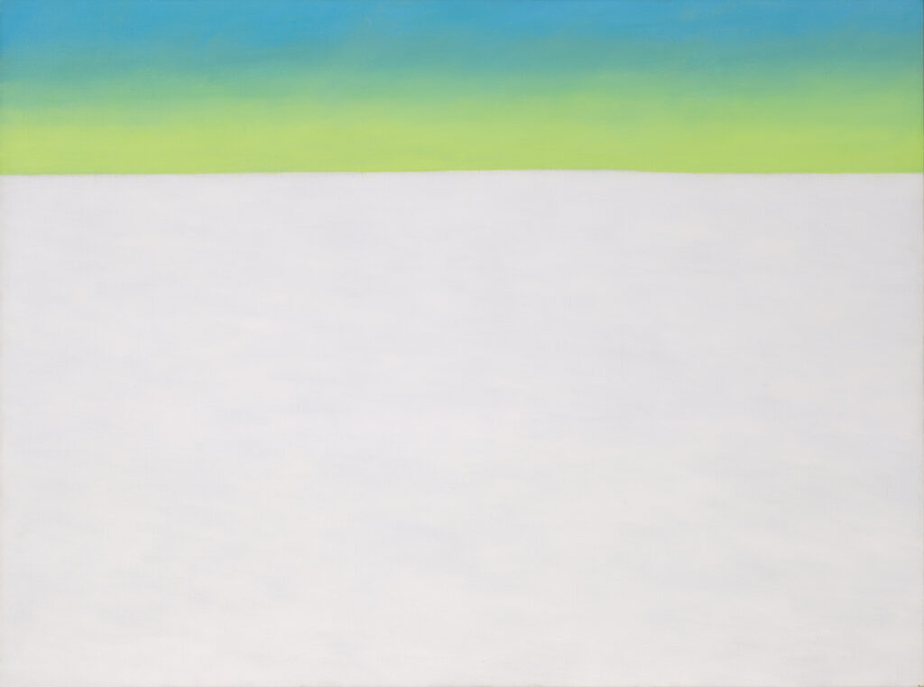 Much of this work is filled by a flat, white cloud. A band of yellow rests atop the cloud, and a band of blue rises above the yellow.