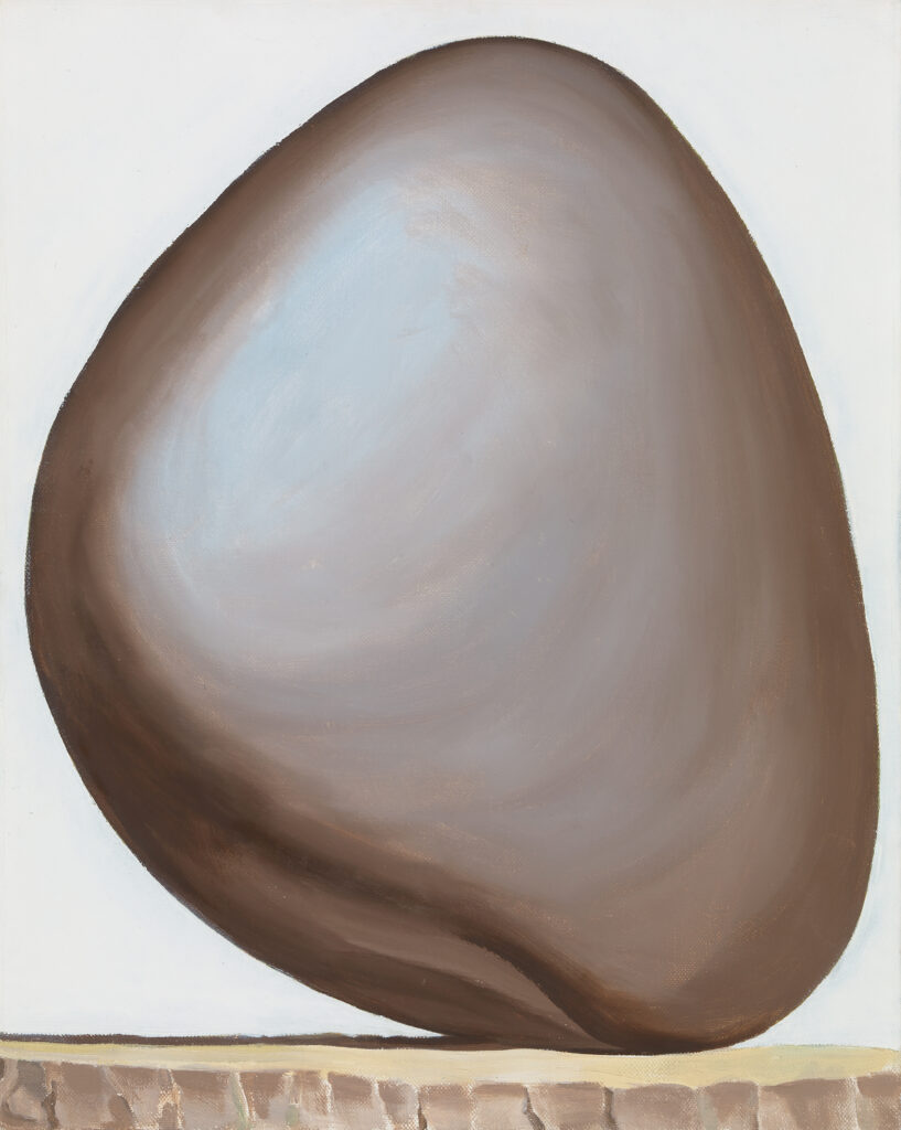 A large rock fills much of the canvas. It rests on a flat surface and casts a slim shadow underneath its left side. The rock is dark in color; however, a lighter area towards the left side seems to reflect a bit of light. The background is also light.