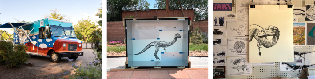 From left to right: A photograph of the Art to G.O. truck with cloud and desert landscape motifs. A photograph of a sketch of a small dinosaur in a case resting on brick surface. Sketches, drawing, and photographs of old paleontological studies inspiring the exhibition and a large sketch of Effigia okeeffeae in center. 