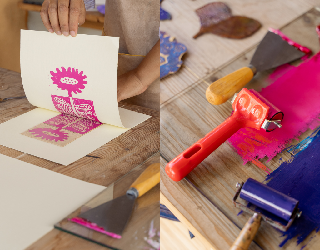 Left: Photograph of a person lifting a piece of paper on which is printed a flower in ink. Right: Close-up of two rollers and a scraper covered in paint in shades of pink and blue.