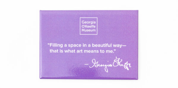 Purple rectangular magnet with the quote "Filling a space in a beautiful way—that is what art means to me."