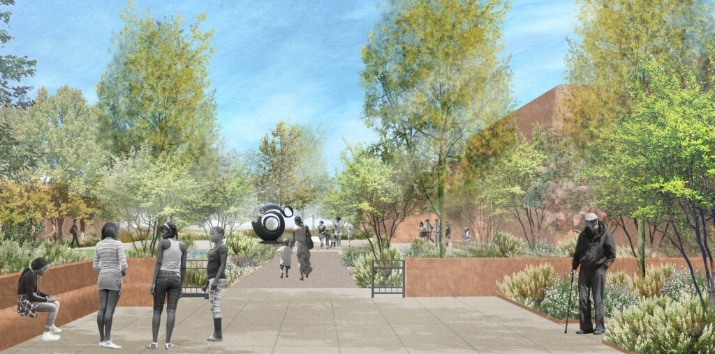 Architectural rendering of exterior museum entrance. Illustrated figures stand outside in the garden 