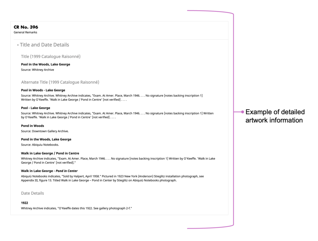 Example of detailed artwork information showing the title details for a specific work from the catalogue raisonné.