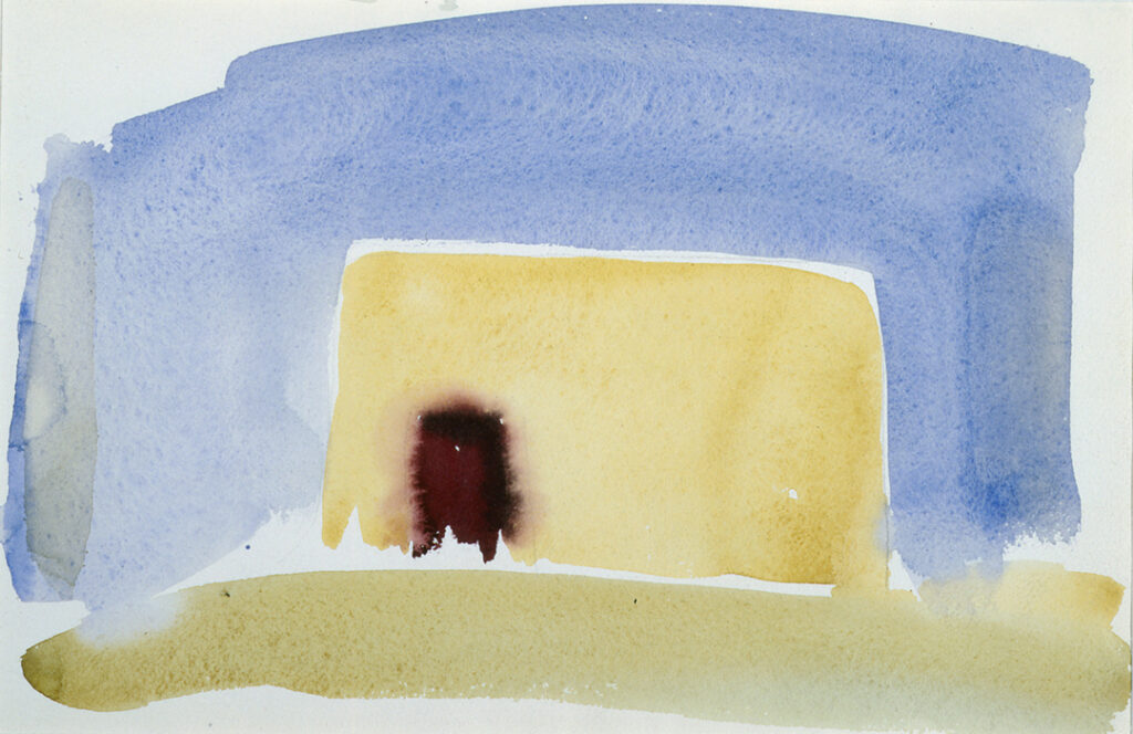 Abstract watercolor of a small adobe building which was used as a studio. The picture plane is divided into three separate organic shaped geometric elements; a fluid swash of green ground on which the adobe structure sits and a large transparent wash of blue surrounding the building as the sky. The studio itself is softened rectangle shape of transparent yellow which reveals, to the left, a brown feathered watercolor bleed as the doorway.