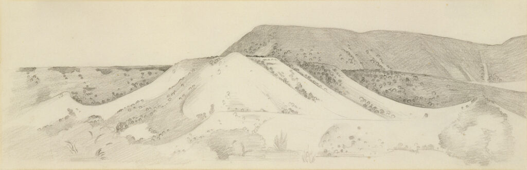 Horizontal graphite drawing of Abiquiu landscape. Mesa top is lower on page than 1091, but appears to be the same view.