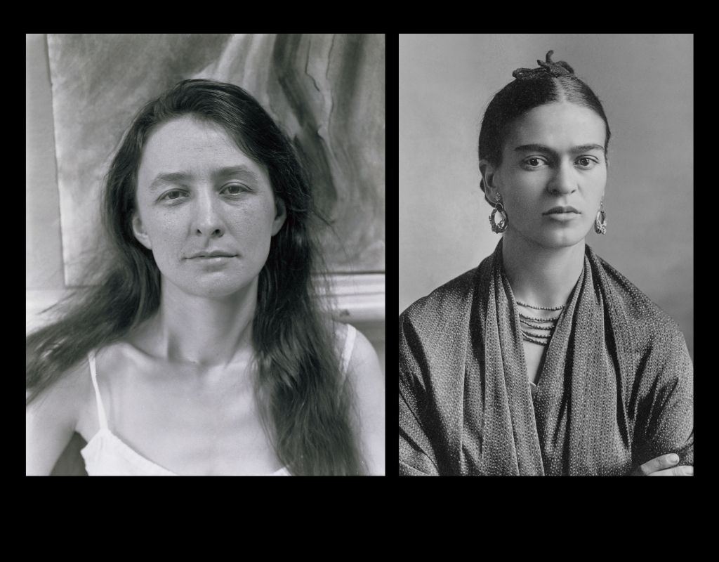 Left: Portrait in black and white of a smiling O'Keeffe in front of one of her painting with her long hair down and wearing a light slip eamisole. Right: Black and white portrait of Kahlo, her hair ups arms crossed looking seriously at the camera.