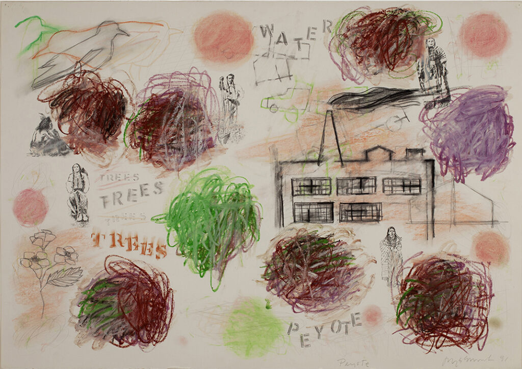 Horizontal composition with eight abstract balls of dense scribbled lines in reddish brown, green, white and black pastels. The stenciled words Water, Trees, and Peyote float within the composition surrounded by small singular portraits of five Native Americans along with outlines of buildings, trucks, and ravens or crows.