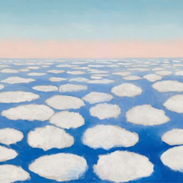 An abstract painting with patches of white clouds on blue receding to the horizon which is a pink horizontal line transitioning to blue.