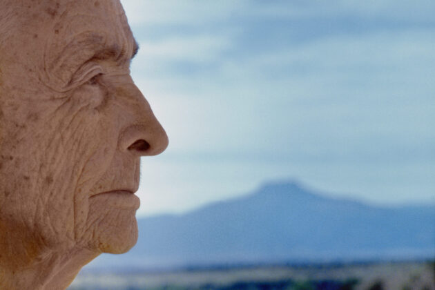 Profile of Georgia O'Keeffe in foreground with Pedernal mountain in the background and sky. The background is blue and hazy, Georgia's face is in focus at the left looking to the right.