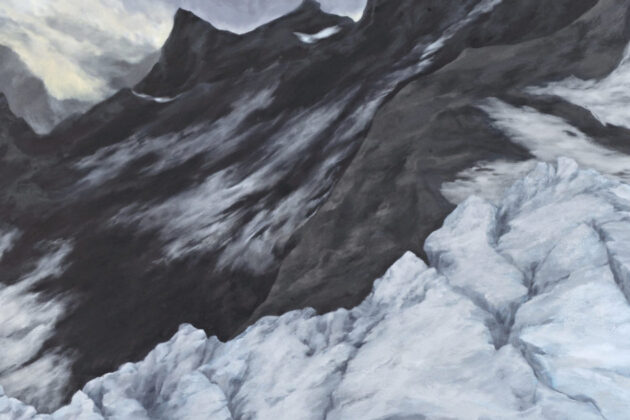 Close up painting of snow on a black rocky surface.