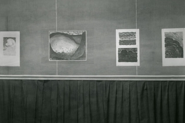 Photograph of the exhibition wall at 291 where Georgia O'Keeffe's watercolors paintings are displayed.