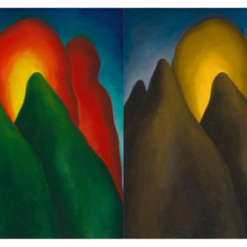 Left: Three conical green trees rise up from the base of the work and extend into the central and left portions of the piece. In the center of the image, a rounded tree with a yellowish center emerges above the green trees. Behind the central red tree and to the right, a narrower, rounded red tree can also be seen. The sky, visible in the upper corners of the work, is a dark blue. Right: A version of the same painting but where the green and red pigments are muted into golden brown.