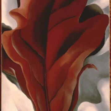 Vertical painting of a small pile of large dark red leaves with curved edges against a white and grey background.The appear to almost be on a piece of white fabric.