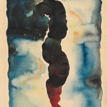 Vertical watercolor with a dominant blackish snake shape that traverses down the page forming from a dark cloudy area in the upper left corner and flowing downward to the bottom of the page ending in red. This is placed within an area of bleeding blue, yellow, and transparent ground that fills to the edges of the page.