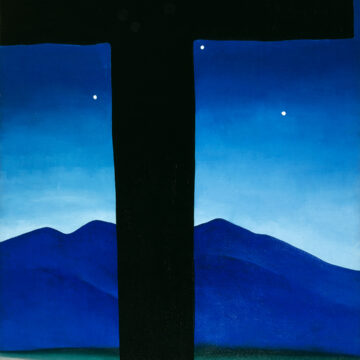 Vertical painting with a large black cross spanning the surface of the picture plane with a massive cross beam running across the upper quadrant and the base stem running the vertical length of the painting. The cross is slightly off center to the viewers left. Looming behind the cross is a rolling mountain range of deep blues hues. Soft white light illuminates the edge of mountain tops and rises into a glorious gradation of of turquoise and blue sky, dotted with white circular stars.