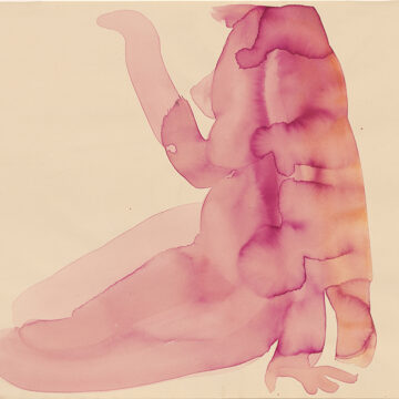 Horizontal watercolor of a pinkish-orange female nude figure. She is seated on the floor, twisting slightly forward with knees out to the left. The figure is propped on one arm while the other floats upward. No preliminary drawing, and no background color.