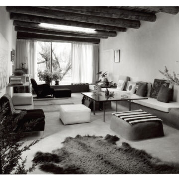 Black and white photograph of Georgia O'Keeffe's Mid Century Modern Adobe Living Room.