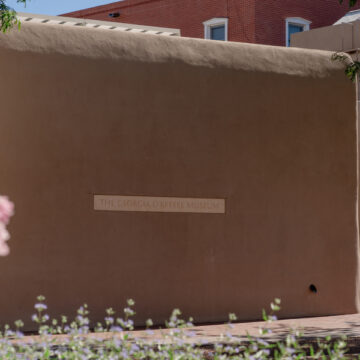 Exterior of the Museum's adobe structure with a thin, long placard stating 'Georgia O'Keeffe Museum.' To the right of the frame and out of focus is a flower. The edge of the photograph is framed with tree branches and a blue sky.