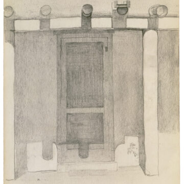 Vertical graphite sketch of doorway with screen door, five vigas, canale detail and boot scraper; four punched holes at top of paper.