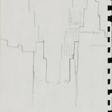 Vertical graphite sketch of building outlines with one large building in the center and another stepped underneath with smaller buildings surrounding it.