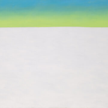 Much of this work is filled by a flat, white cloud. A band of yellow rests atop the cloud, and a band of blue rises above the yellow.