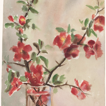 Watercolor study of red flowers on thorny, leaf covered branches in glass vase. The vase of flowers is positioned slightly left of the center at the bottom of the paper. There are two primary branches of flowers, one that extends up, and one that bends up and towards the right side of the page. The background is done in a light tan and light gray green wash.