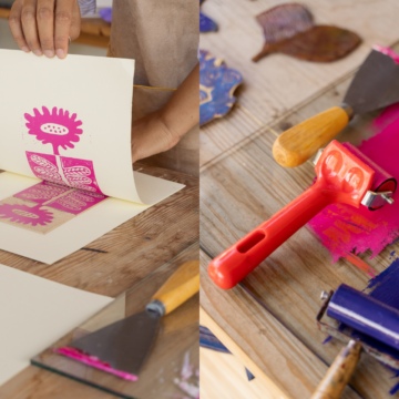 Left: Photograph of a person lifting a piece of paper on which is printed a flower in ink. Right: Close-up of two rollers and a scraper covered in paint in shades of pink and blue.