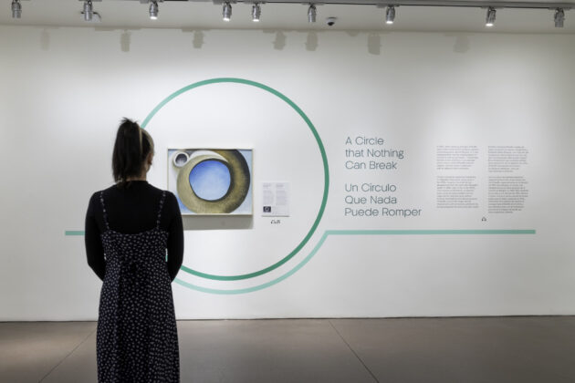 A person wearing a dress and their hair up stands in front of a painting of circular ram's horn on a gallery wall. On the wall is also a panel with text, a circular motif and the title 'A Circle that Nothing Can Break'