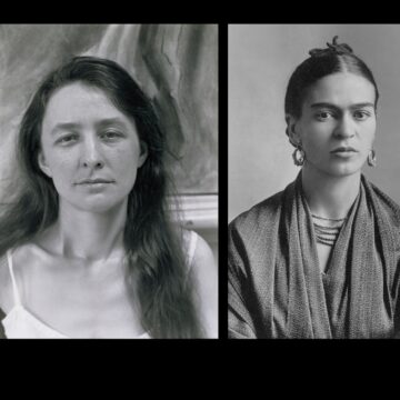 Left: Portrait in black and white of a smiling O'Keeffe in front of one of her painting with her long hair down and wearing a light slip eamisole. Right: Black and white portrait of Kahlo, her hair ups arms crossed looking seriously at the camera.