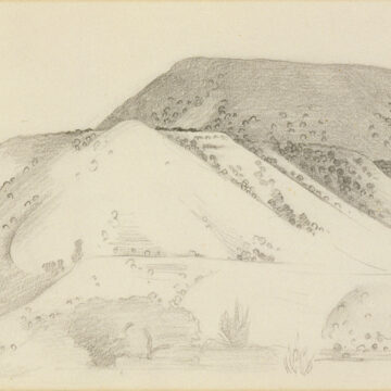 Horizontal graphite drawing of Abiquiu landscape. Mesa top is lower on page than 1091, but appears to be the same view.