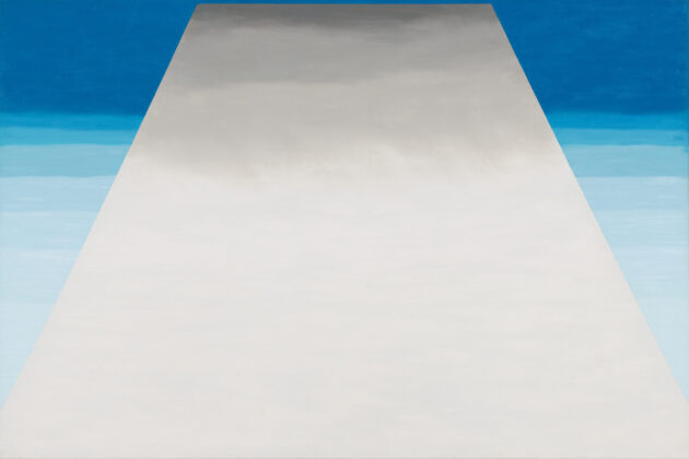 Horizontal abstract depicting a horizon of blue shaded to gray with trapezoidal object centered in beige which is darkest shading to lightest top to bottom.