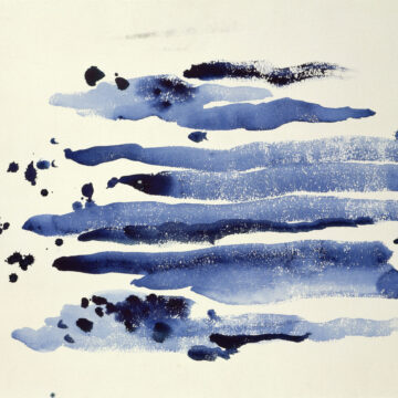 Roughly ten horizontal blue stroke of varying widths and hues. Splatters of blue on the left ends of the strokes. The blue strokes are suspended on the paper.