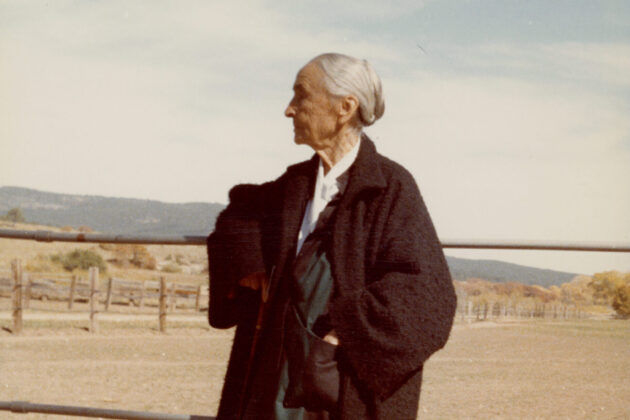 A color photograph of O'Keeffe in New Mexico. She stands at a gate and behind her is a gravel landscape with mountains in the distance. She has her hands in the pocket of a large black coat. We see the side profile of her face and her white gray hair is pulled up at the nape of her neck.